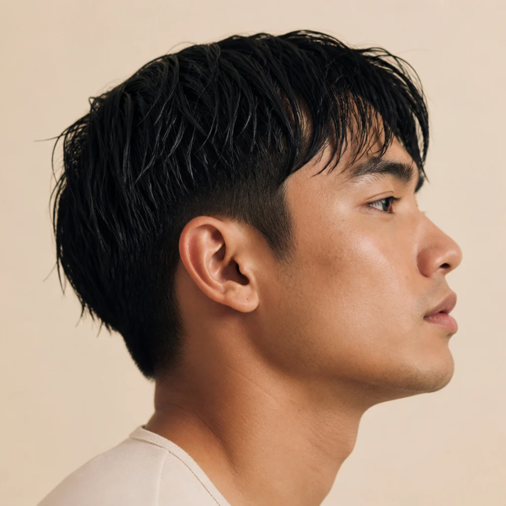 Side profile of a man with damp straight hair towel-dried before styling an edgar cut, warm ivory studio background