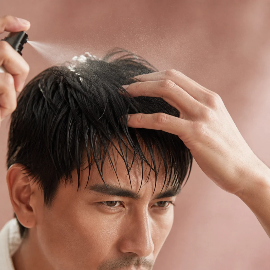 Close-up of a man distributing heat protectant spray through damp straight hair with fingers before blow-drying an edgar cut