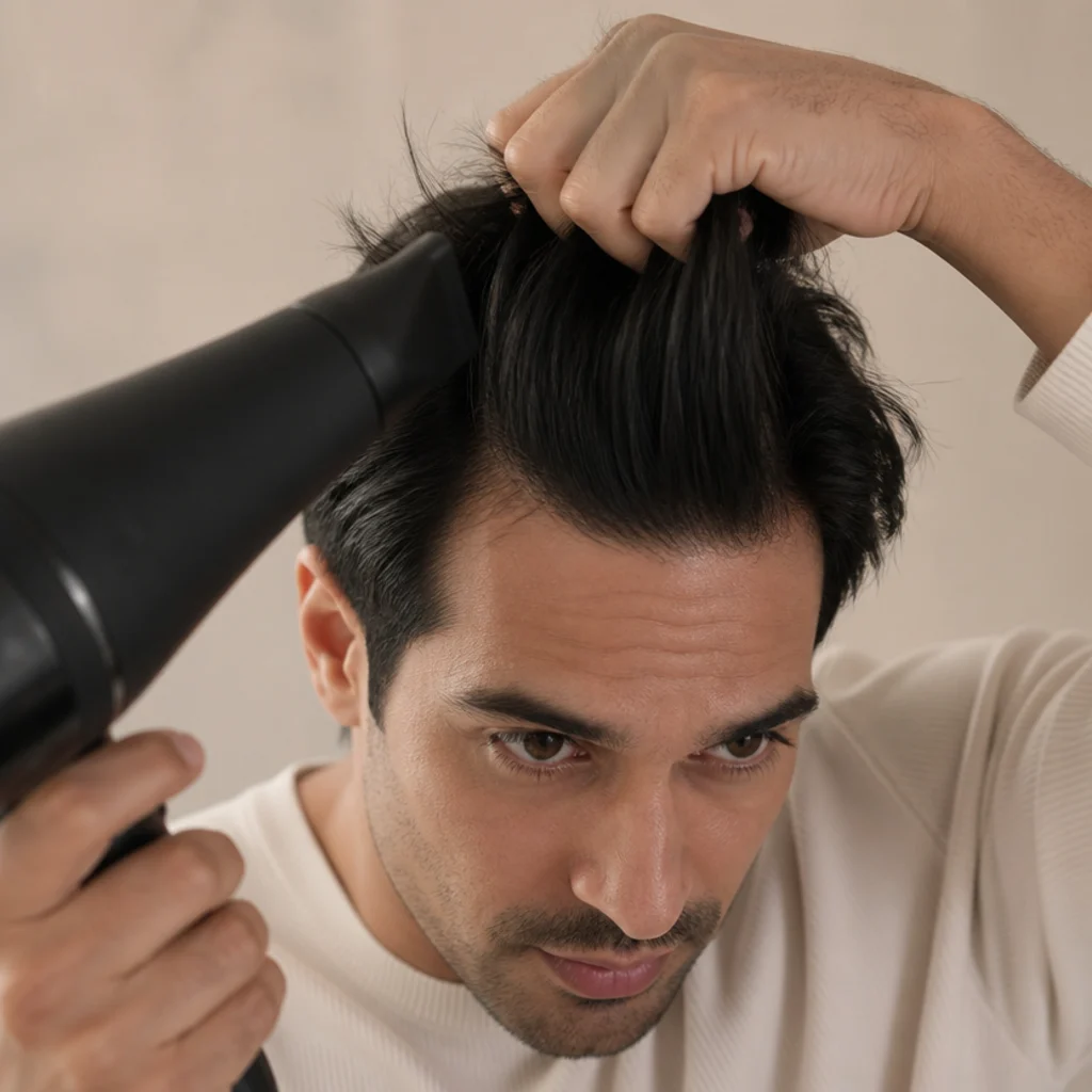 Overhead angle of a man rough-drying the crown of straight hair with fingers and a blow dryer to build root lift for an edgar cut