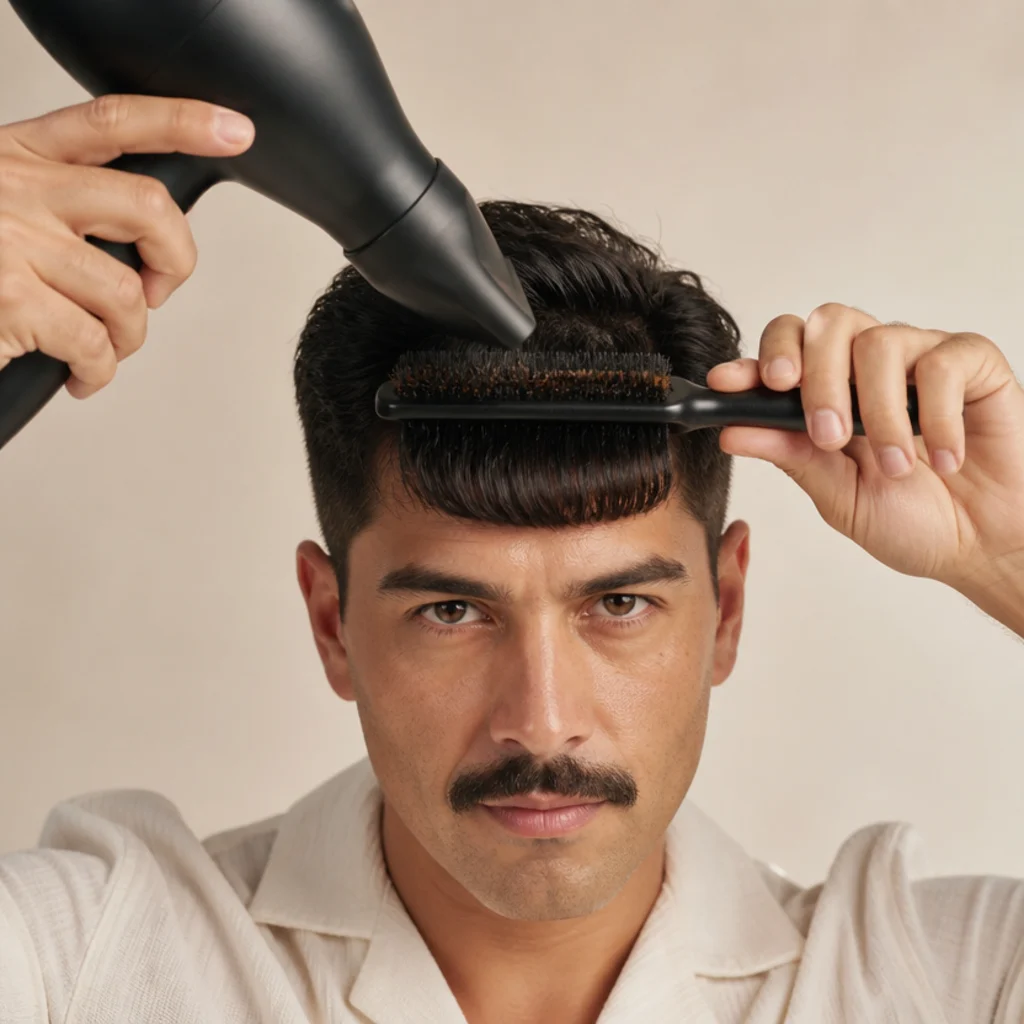 Front view of a man directing a blow dryer and paddle brush to push a straight fringe forward over the forehead for an edgar cut