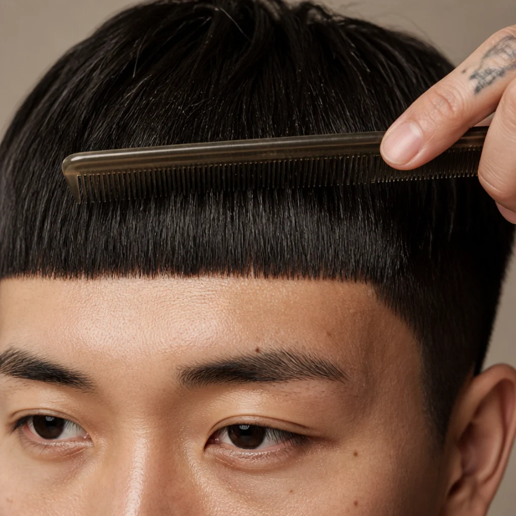 Close-up of a fine comb creating a straight blunt fringe line across the forehead on a freshly styled edgar cut