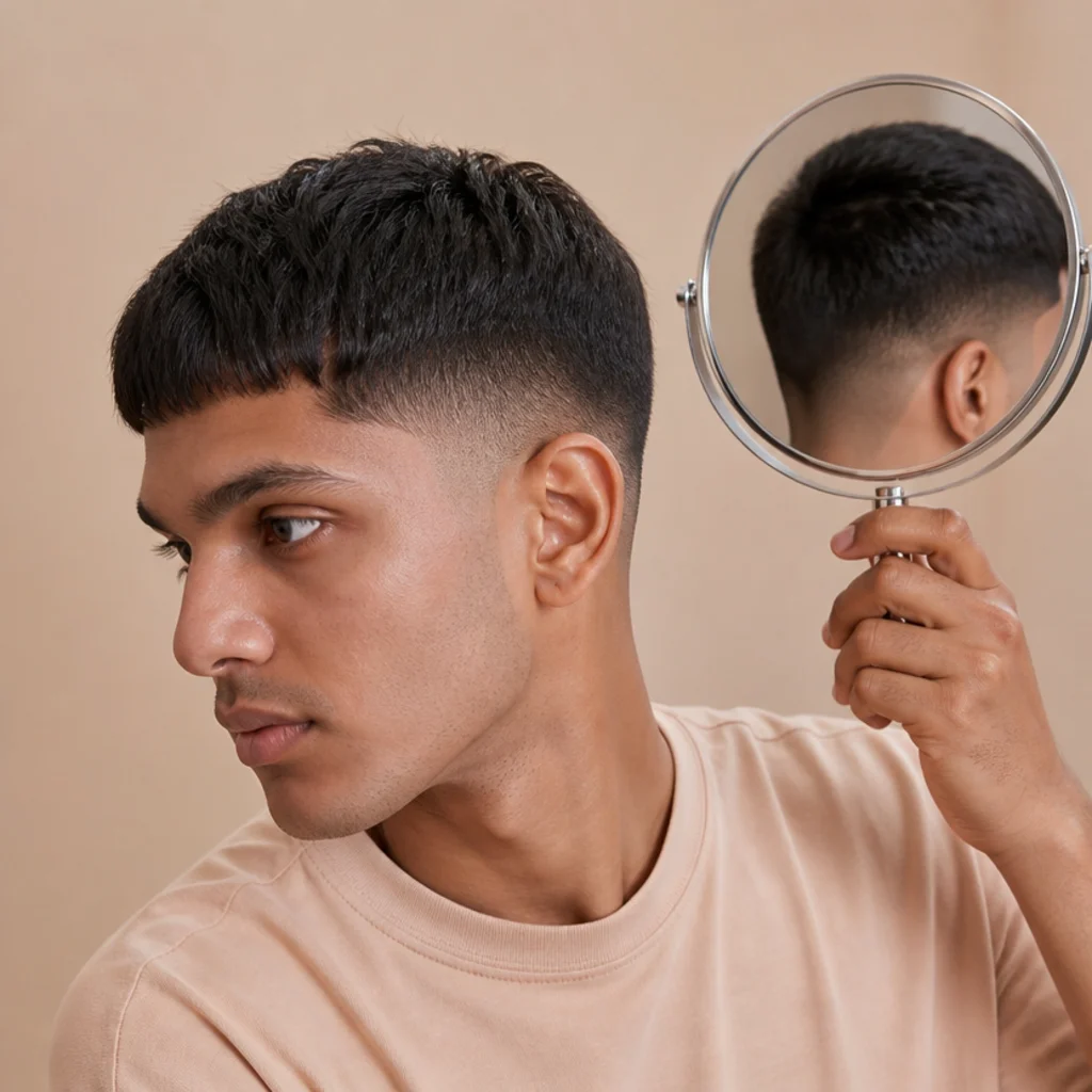 Side and back angle in a hand mirror showing a clean mid taper fade on the sides of an edgar cut against a blush background