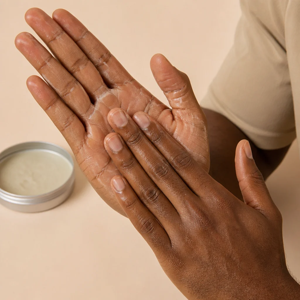 Close-up of a man rubbing a pea-sized amount of matte clay between palms before styling an edgar cut