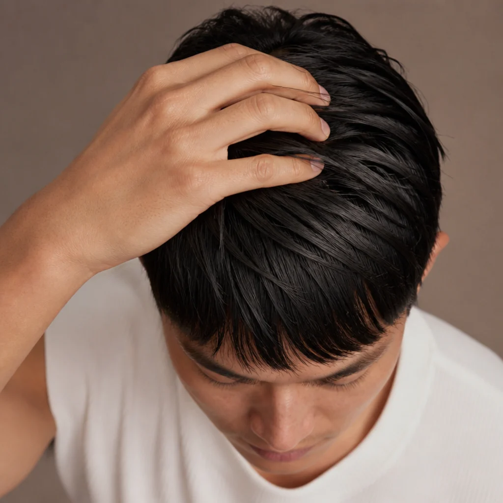 Overhead view of hands working matte clay through the top section of straight hair on an edgar cut without flattening the fringe