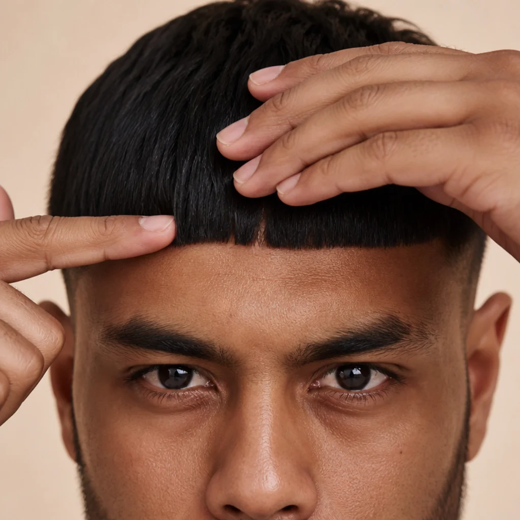 Front close-up of fingertips refining the blunt front edge of a straight edgar fringe for a clean horizontal line