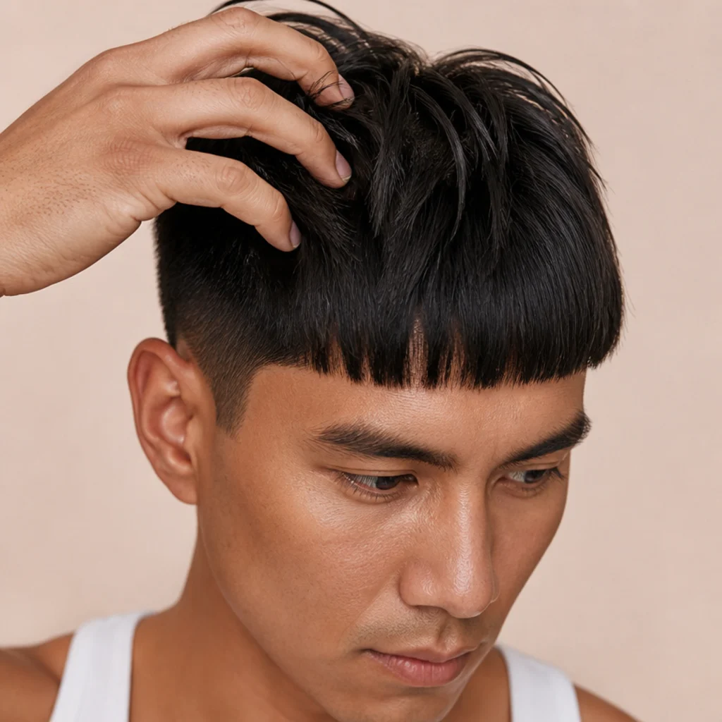 Three-quarter view of a man adding piece-y texture to the top of a straight edgar cut with fingertips for a modern finish