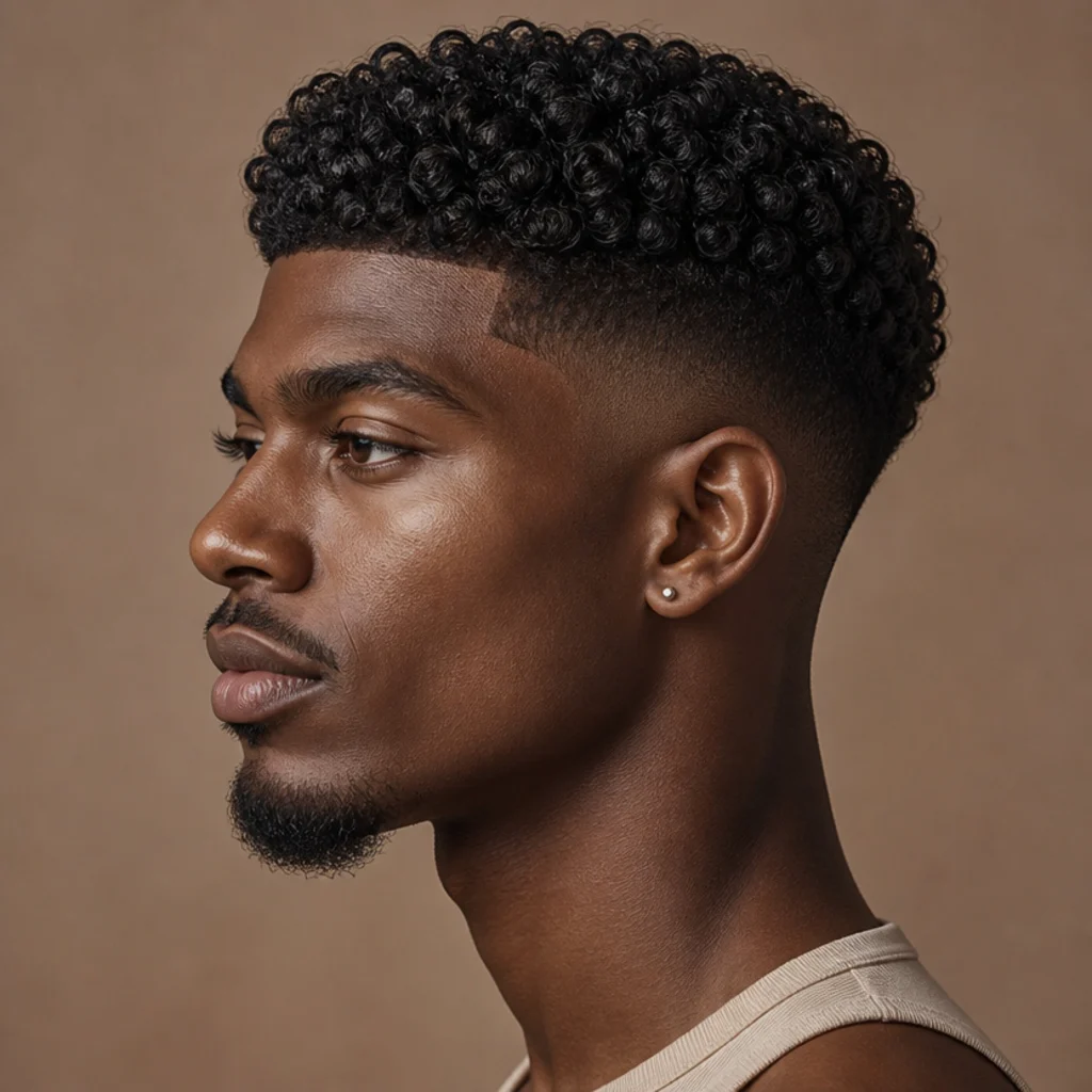 Side profile of a man with a curly edgar cut, defined coils on top and a blunt fringe over a taper fade, warm taupe background