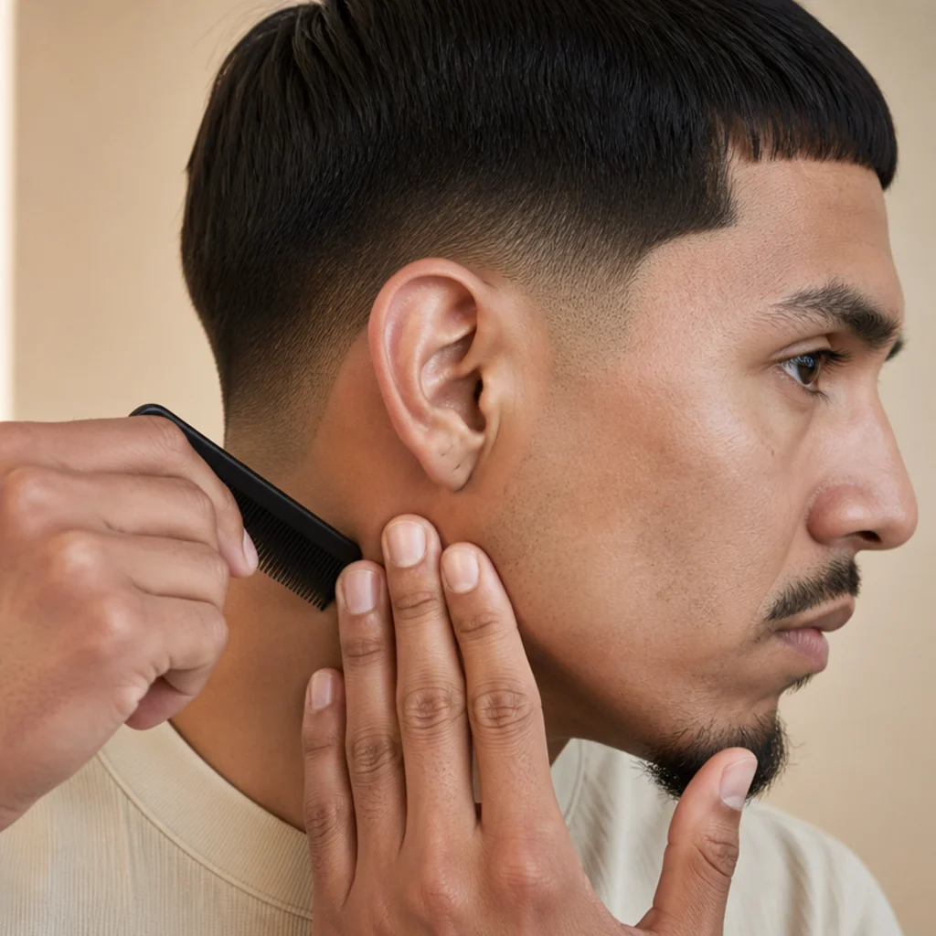 Close-up of a small mirror check tidying the neckline and around the ears on a freshly styled edgar cut