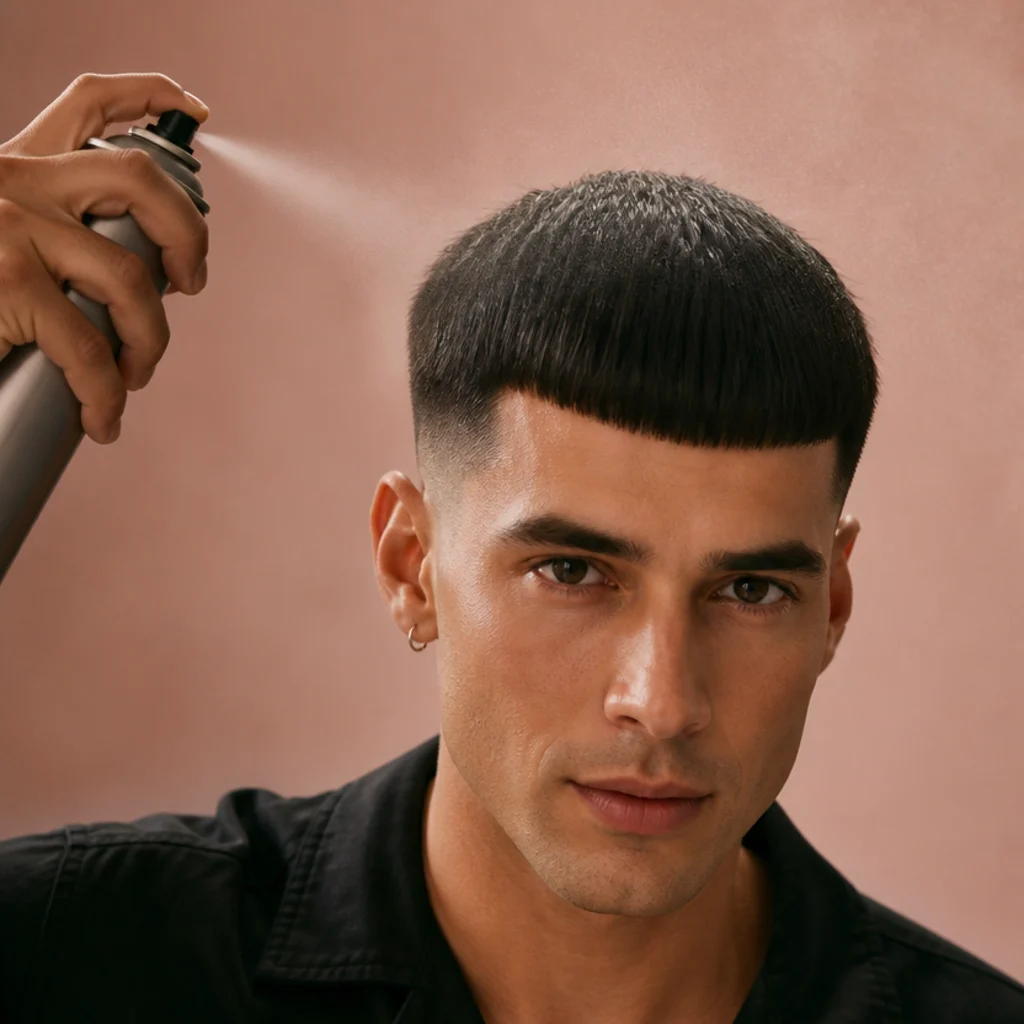 Front view of a man misting a light flexible hairspray over a finished straight edgar cut to set the fringe