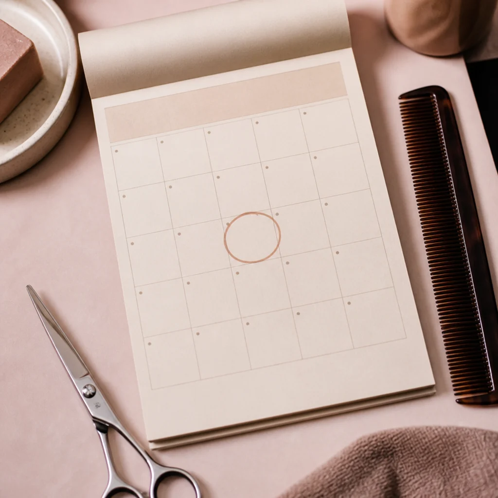 Calendar and comb flat lay representing the 2-to-4 week barber upkeep schedule for an edgar cut on a blush surface
