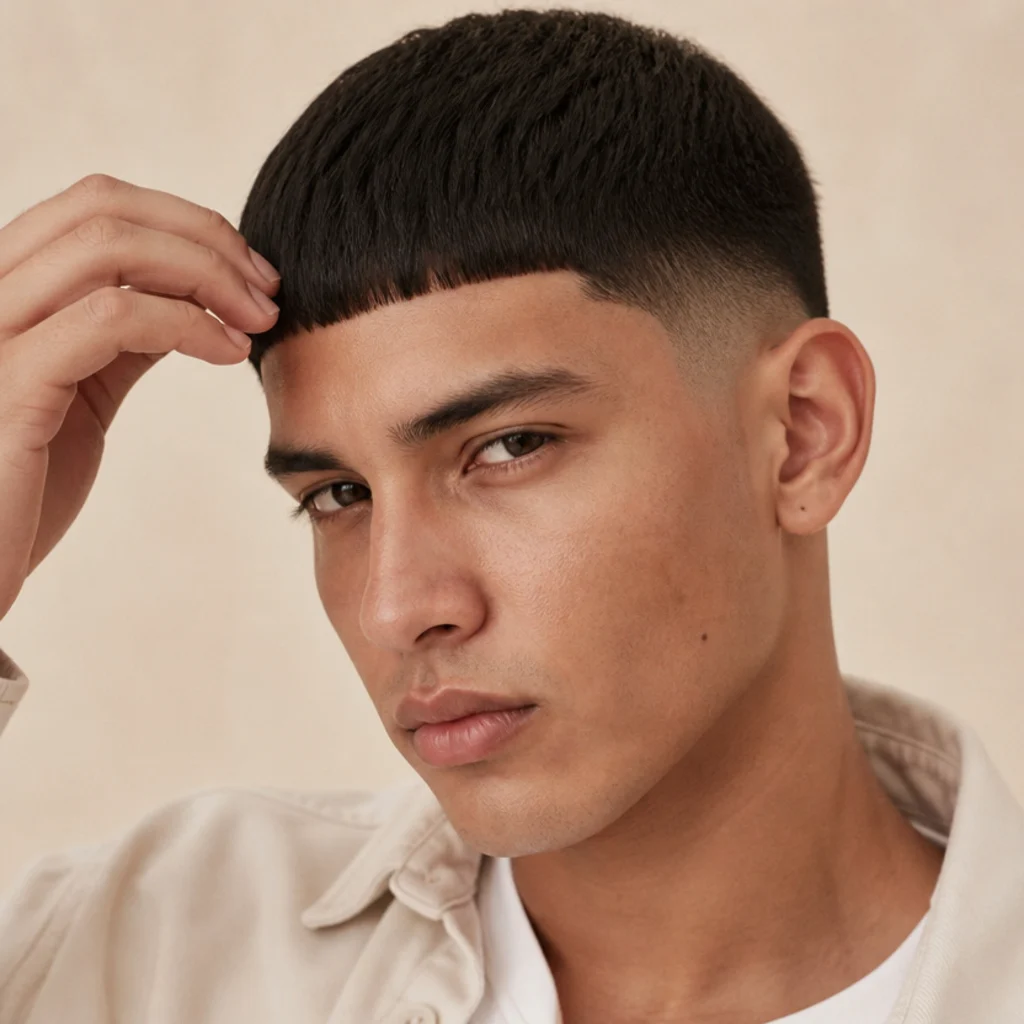Three-quarter studio portrait of a man styling a straight-haired edgar cut with a blunt forehead fringe and clean mid fade against a warm ivory background
