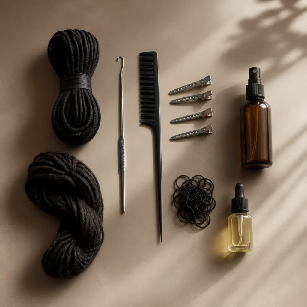 Flat lay of butterfly loc installation supplies including water-wave wrapping hair, crochet hook, rat-tail comb, and sectioning clips on a taupe surface