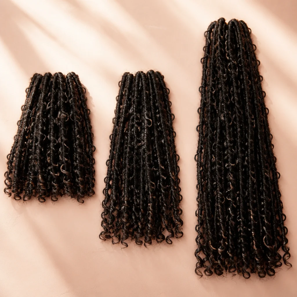 Three lengths of butterfly loc extension hair laid side by side showing short, medium, and long options in natural black