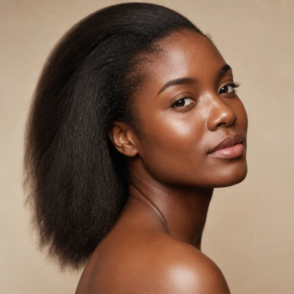Black woman with freshly washed and blow-stretched natural hair sitting smoothly against her scalp before installation