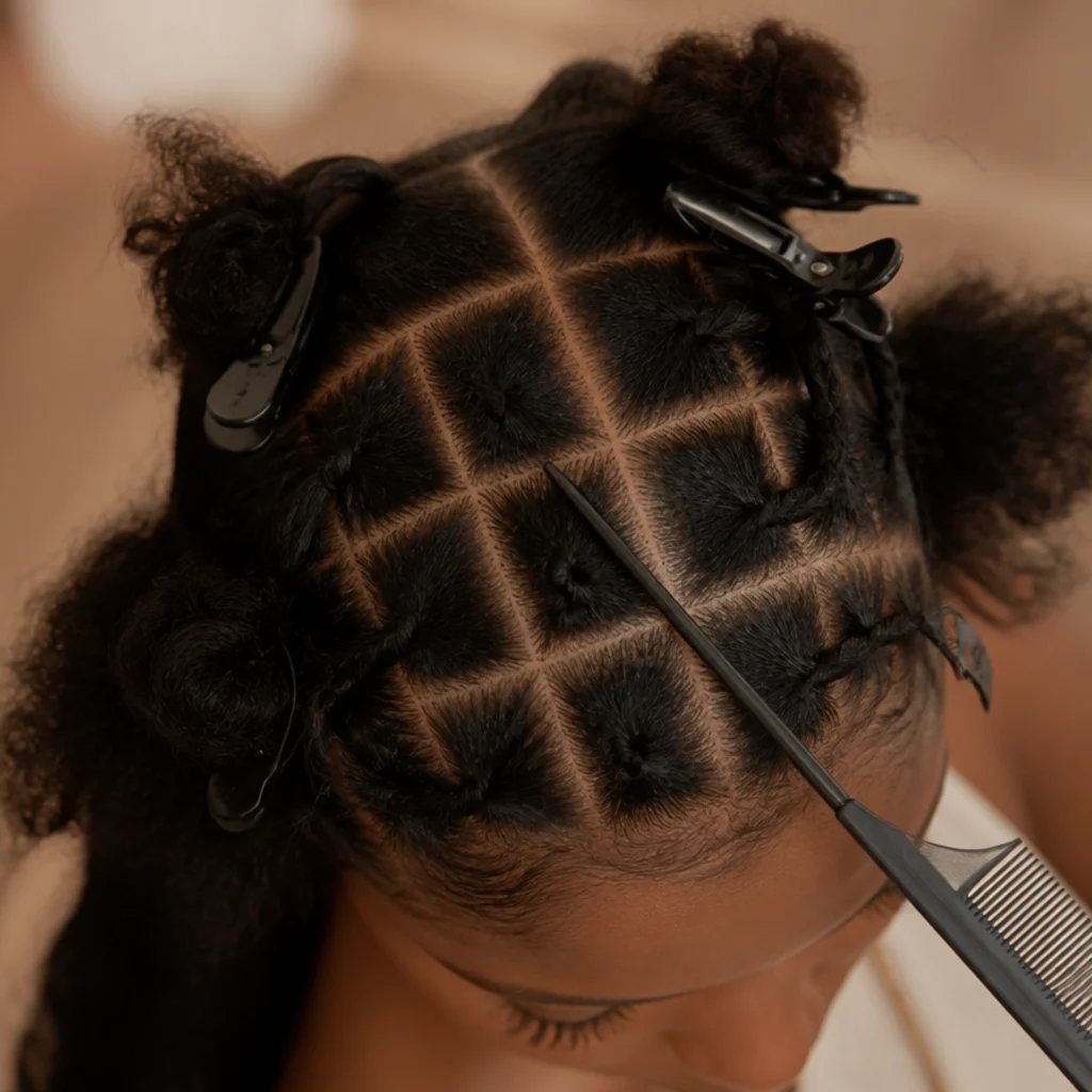 Overhead view of a scalp parted into neat square sections with a rat-tail comb, secured with colorful clips