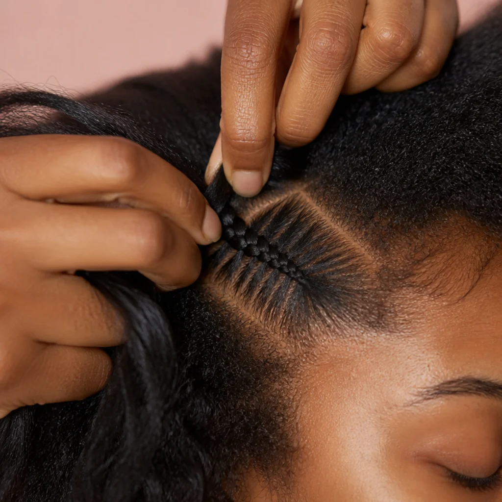 Close-up of fingers braiding a small section of natural hair into a neat two-strand base at the root