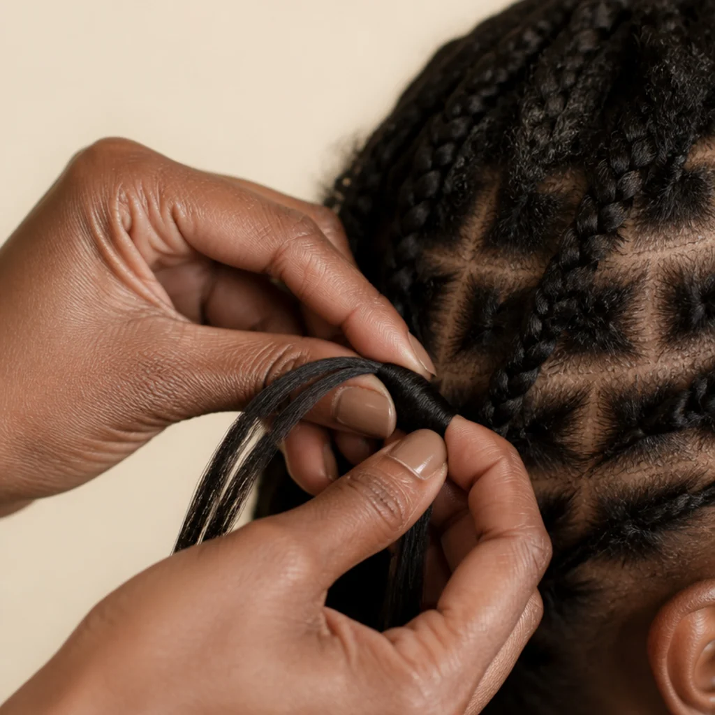 Hands looping wrapping hair around the base of a small braid to begin a single butterfly loc
