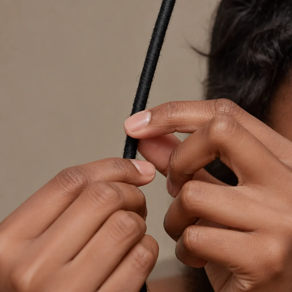 Detail of wrapping hair being spiraled smoothly down the length of a loc to form an even column