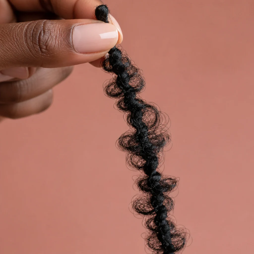 Close-up of a finished butterfly loc showing the distinctive pulled-out loops along its length