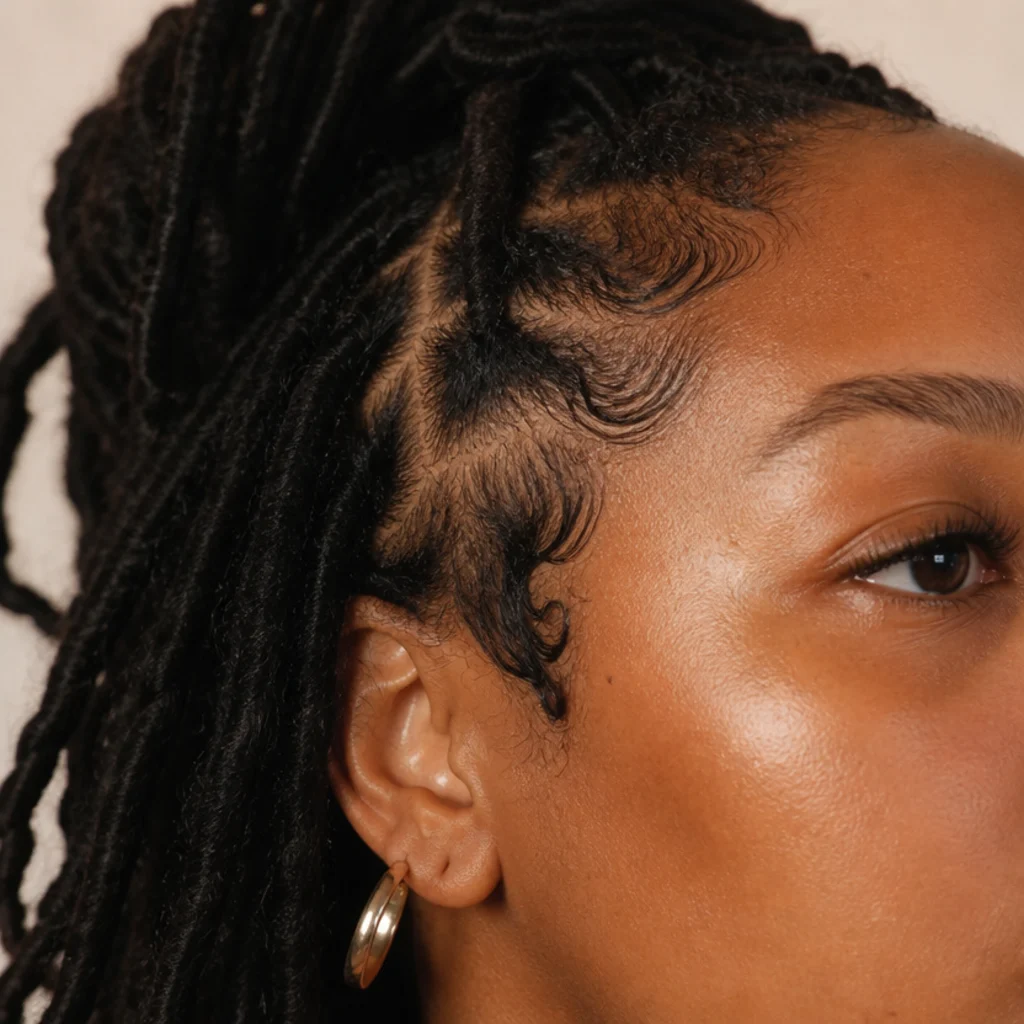 Three-quarter view of a soft, comfortable hairline where the front butterfly locs meet the edges without pulling