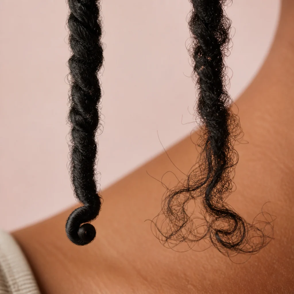 Detail of a butterfly loc end finished with a soft coiled tip resting against a blush background