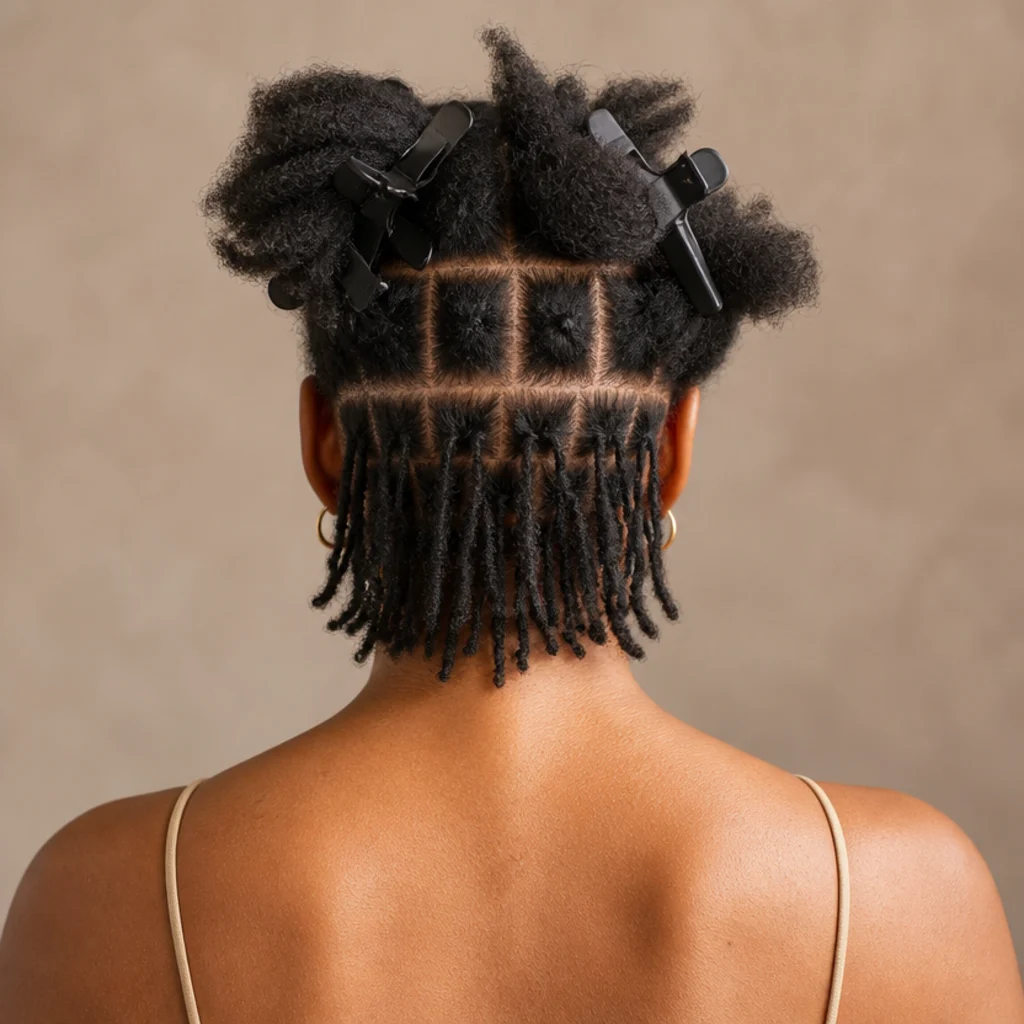 Back view of a partially installed head of butterfly locs showing completed lower rows and clipped-up sections above