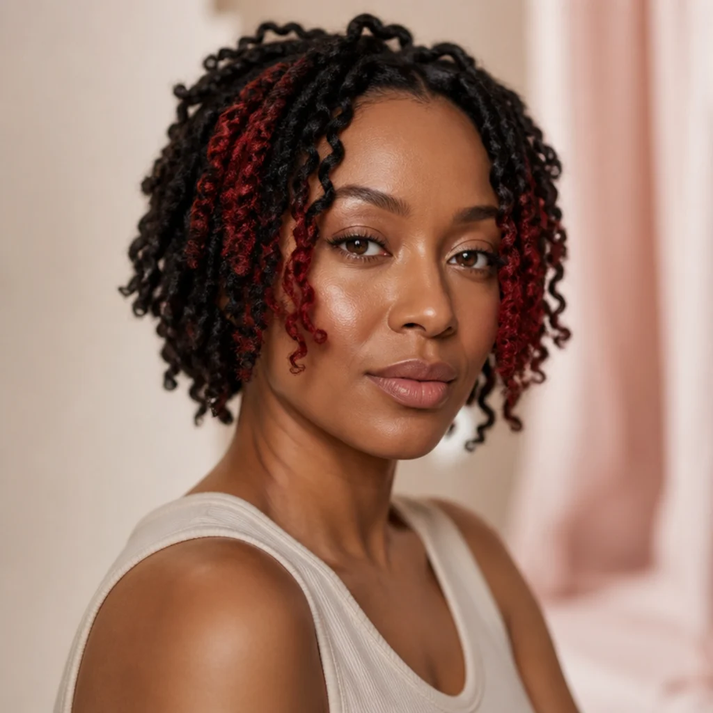 Three-quarter view of butterfly locs with a few red accent locs framing the face among natural black locs