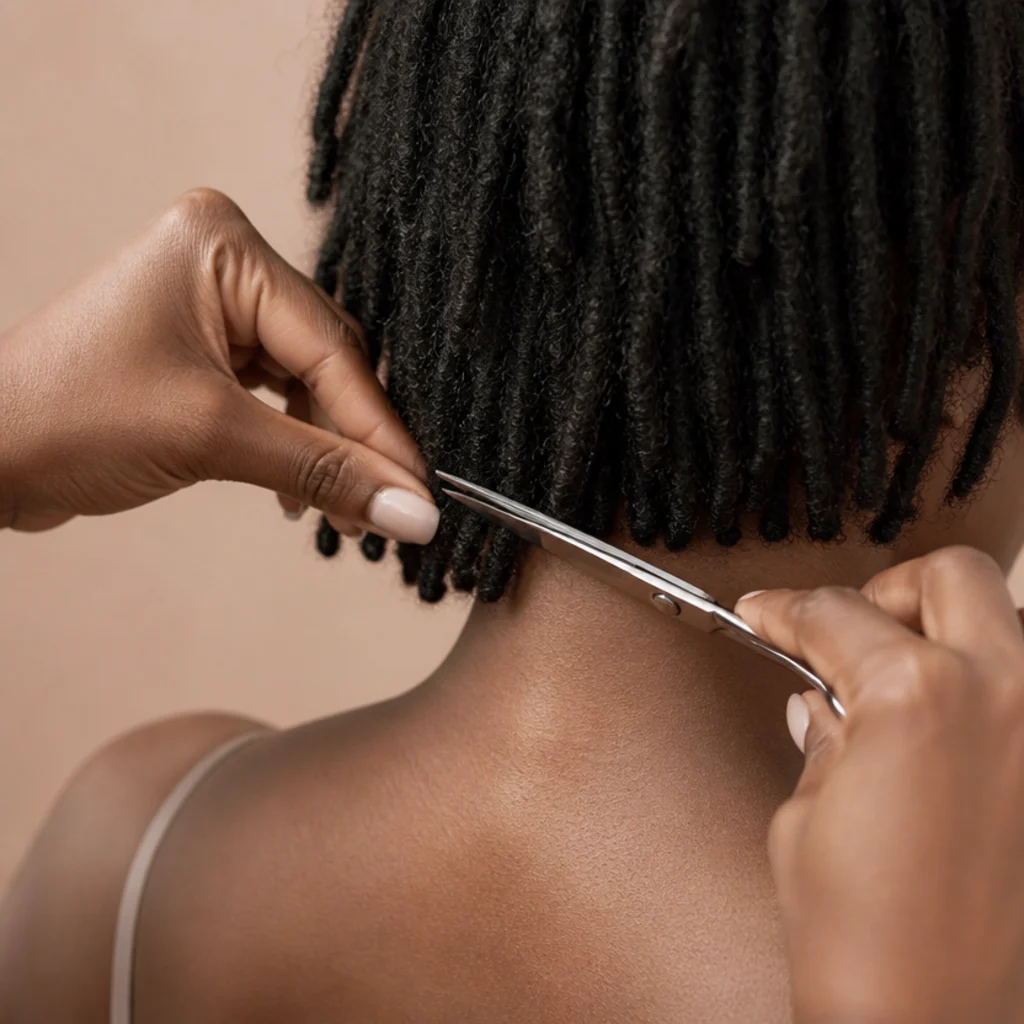 Stylist scissors trimming the bottom of a set of short butterfly locs into an even blunt line