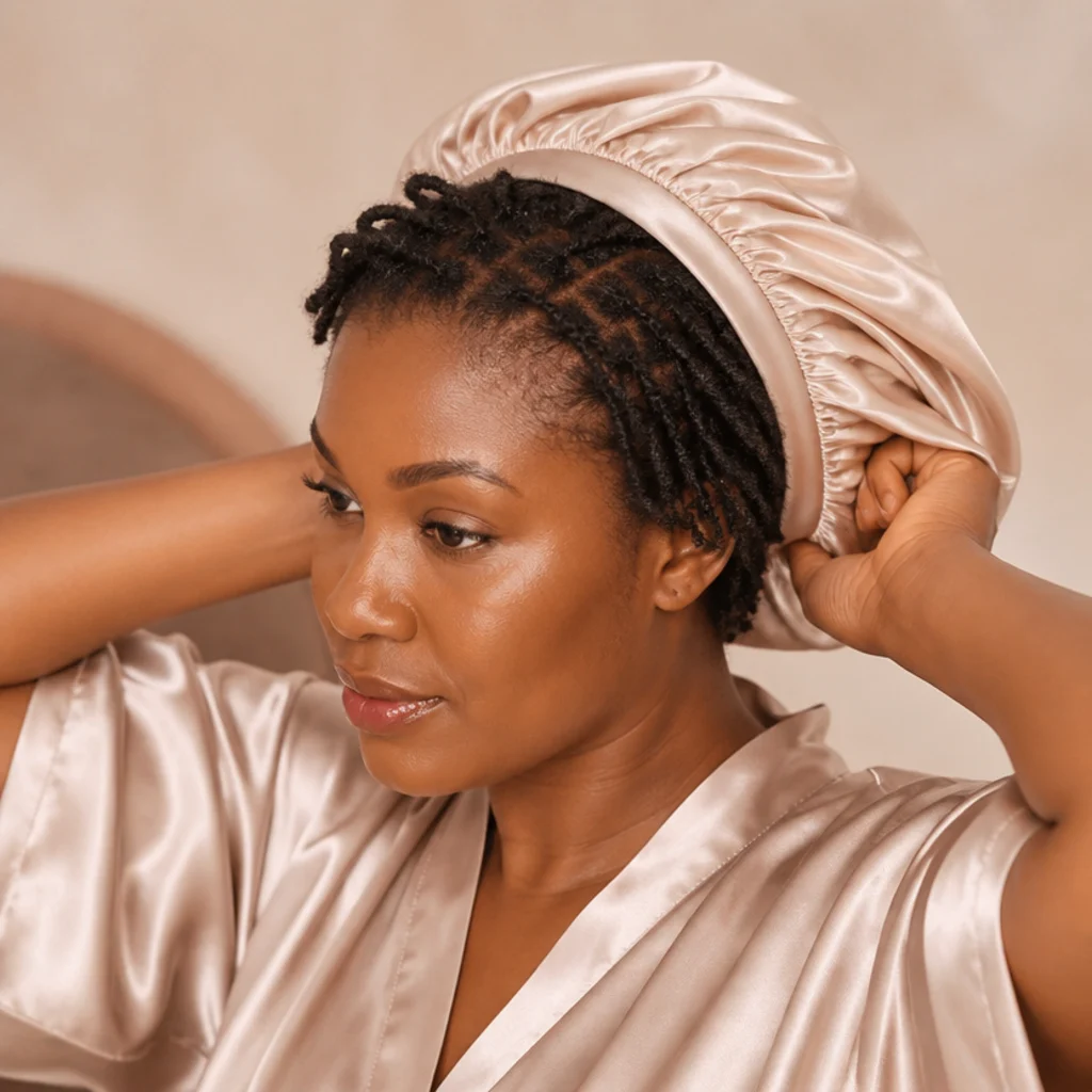 Black woman wrapping her finished butterfly locs in a satin bonnet before bed against a soft ivory background