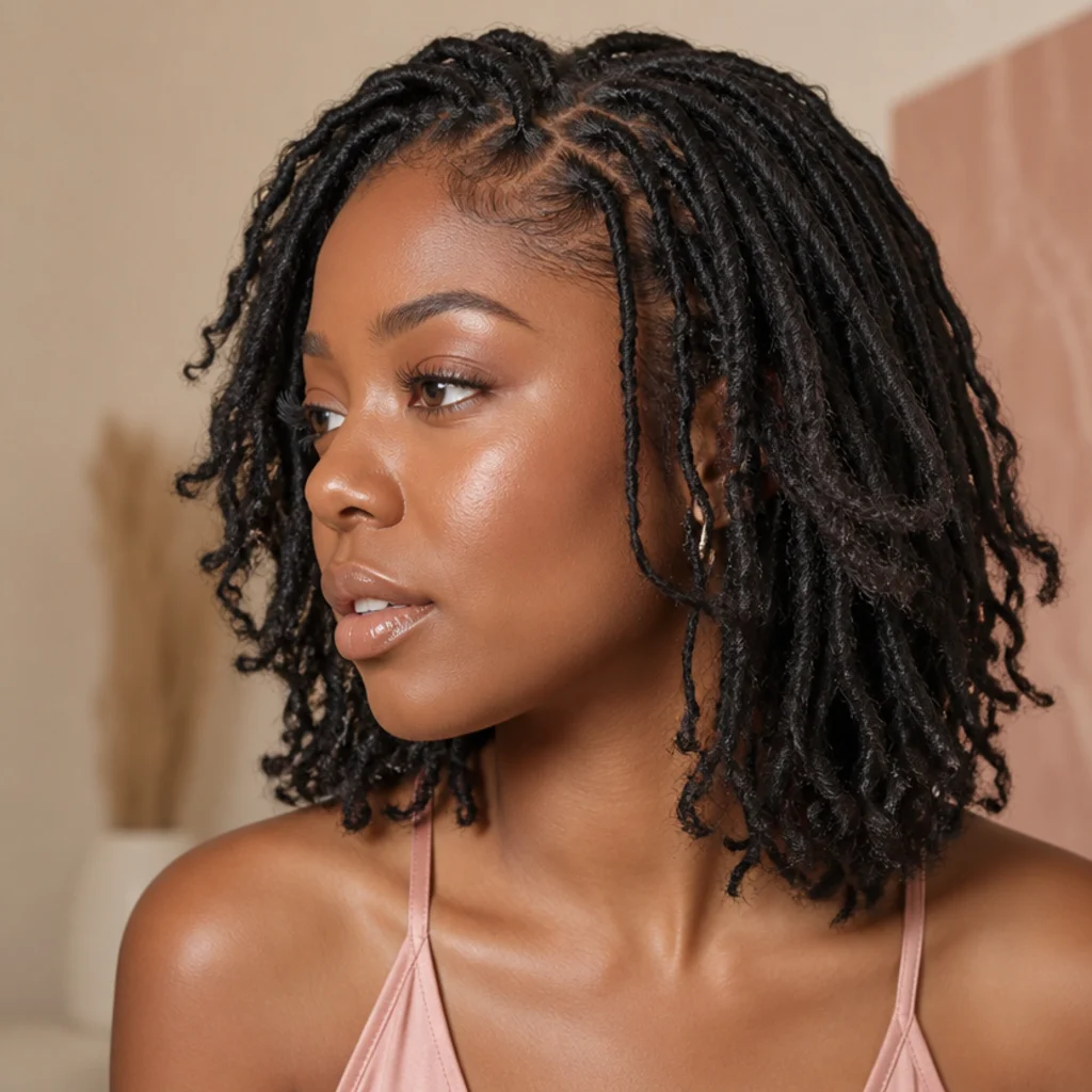 Black woman in three-quarter profile wearing freshly installed short butterfly locs with soft distressed loop texture