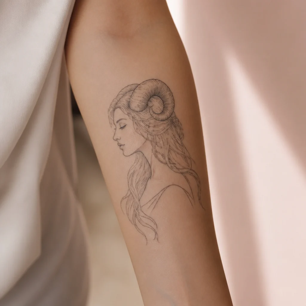 Fine-line black ink profile of a serene Aries goddess with flowing hair and small ram horns on the inner forearm