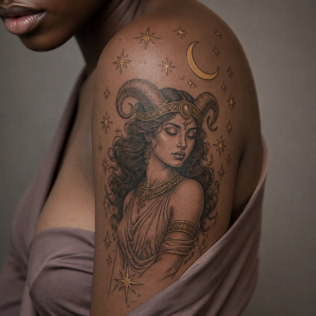 Ornamental Aries goddess wearing a golden ram-horn crown framed by scattered stars and a crescent moon on the shoulder