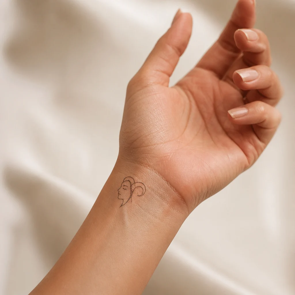 Tiny minimalist goddess profile merged with the two-horn Aries glyph in a single black line on the inner wrist