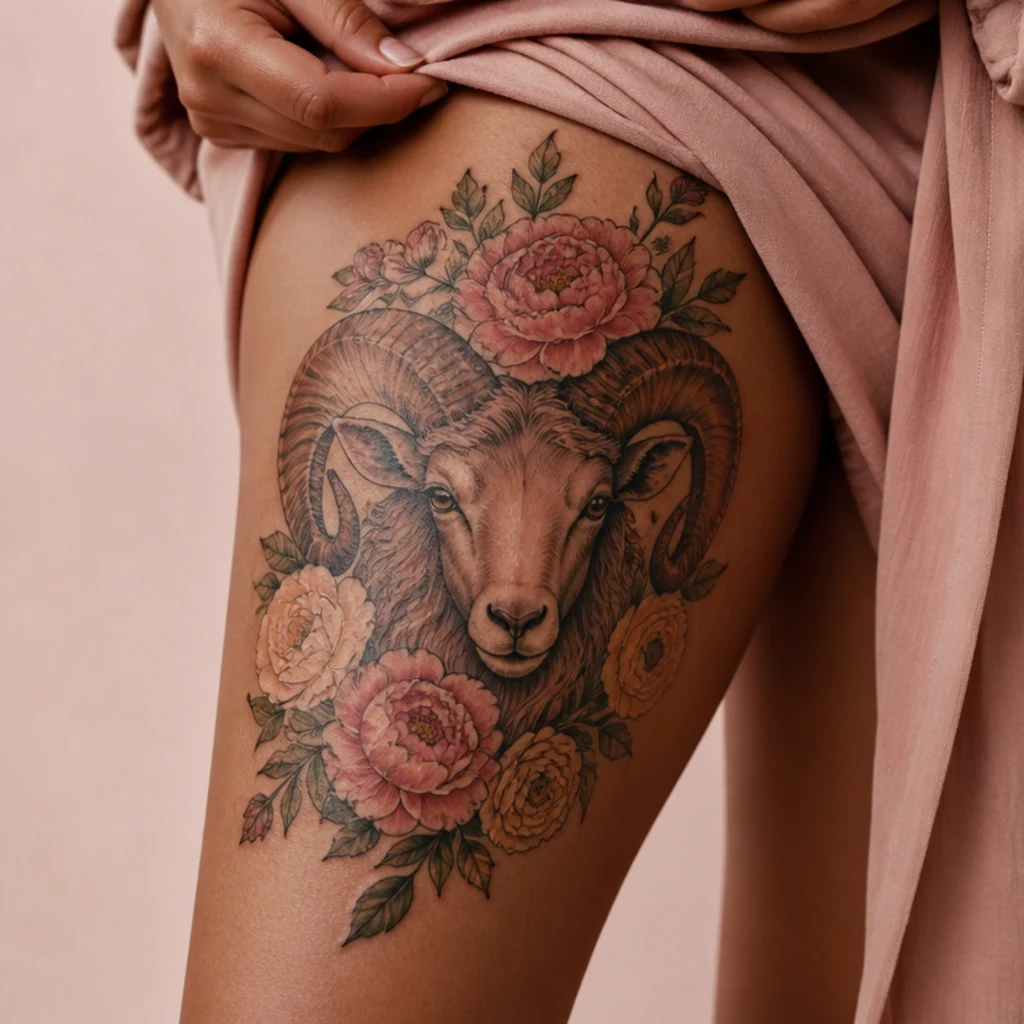 Neo-traditional aries ram tattoo with peonies and ranunculus blooming into the mane on the outer thigh