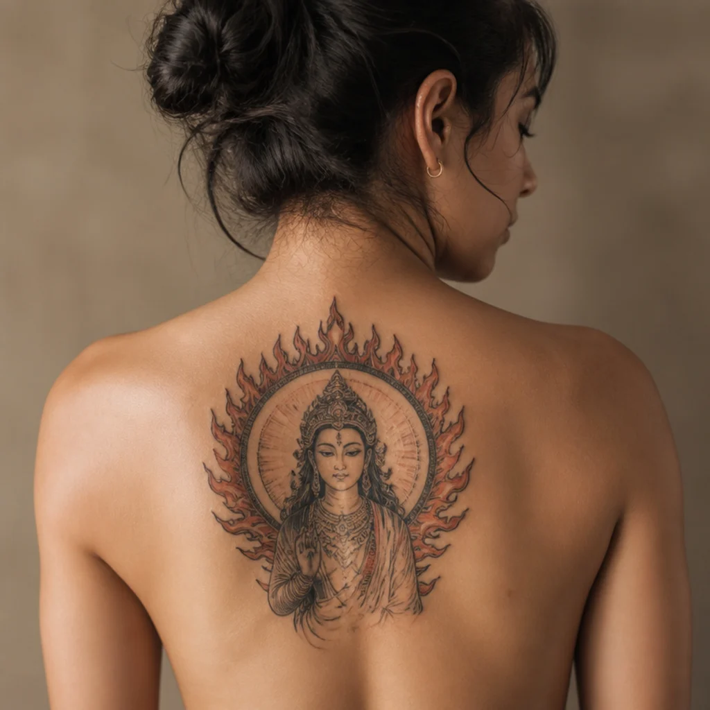 Aries goddess crowned by a halo of stylized flames in black with a warm red-orange wash on the upper back