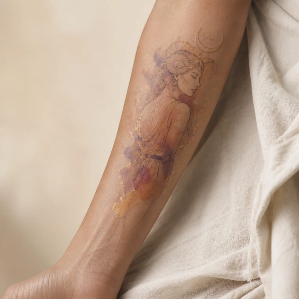 Soft watercolor silhouette of an Aries goddess with ram horns in blush and lilac washes on the forearm