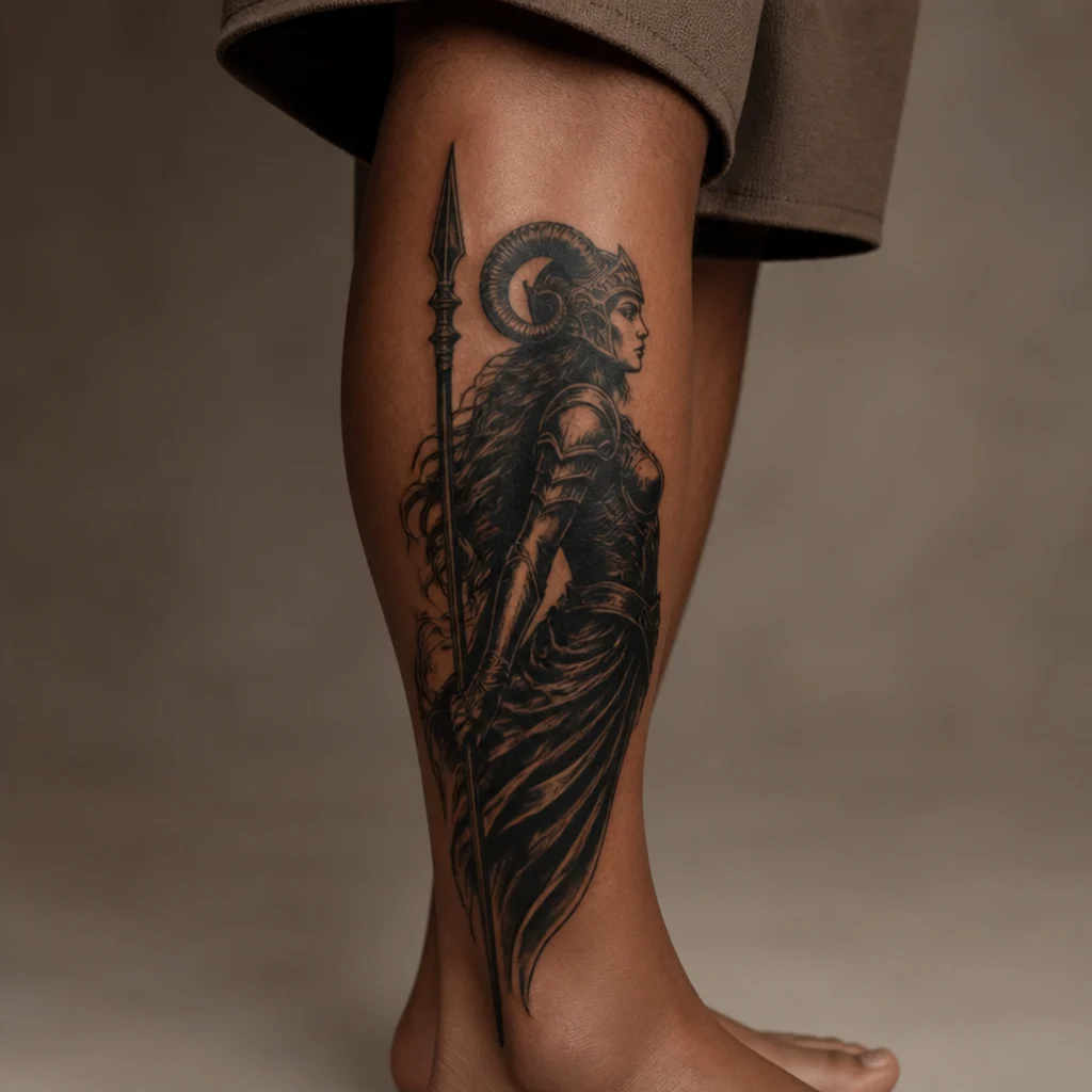 Bold blackwork Aries warrior goddess in a ram-horn helm holding a spear on the outer calf