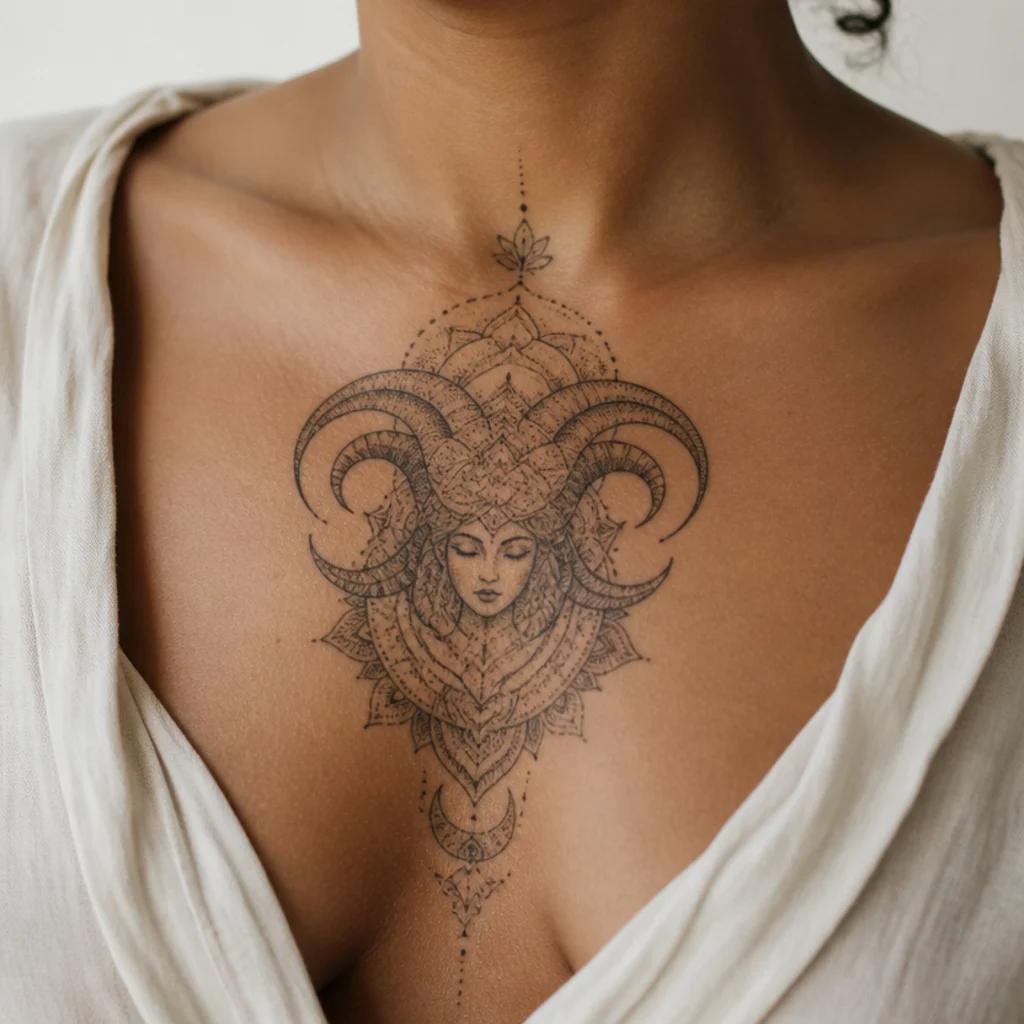 Symmetrical dotwork mandala with ram horns radiating around a central goddess face on the sternum