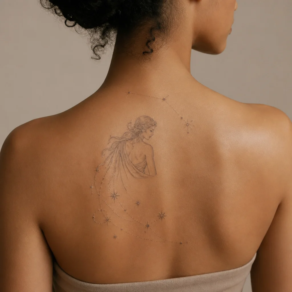 Aries goddess draped in a veil of connected constellation stars trailing across the upper back in fine dotwork