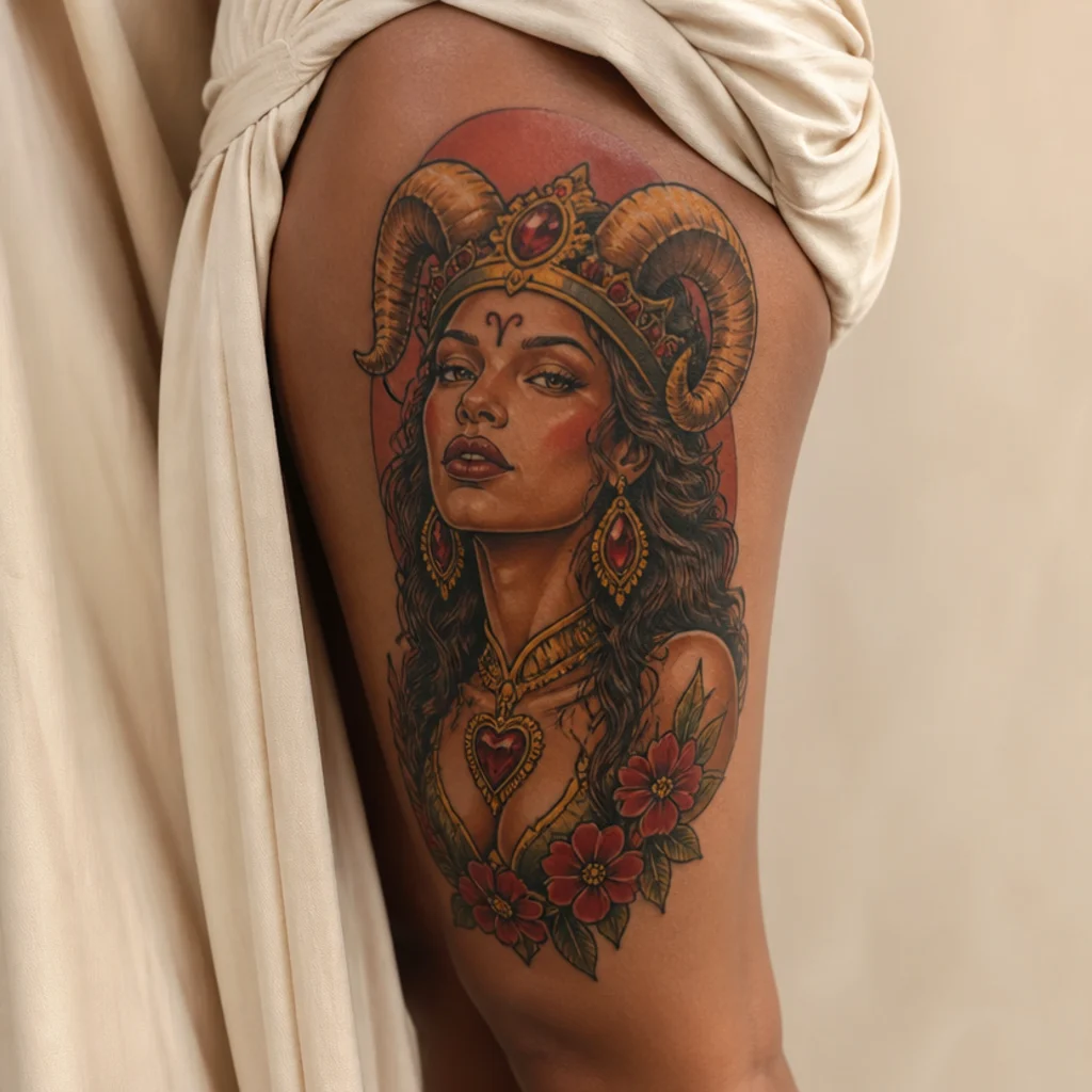 Neo-traditional Aries queen goddess with bold outlines, jewel tones, and a gem-set ram-horn crown on the thigh