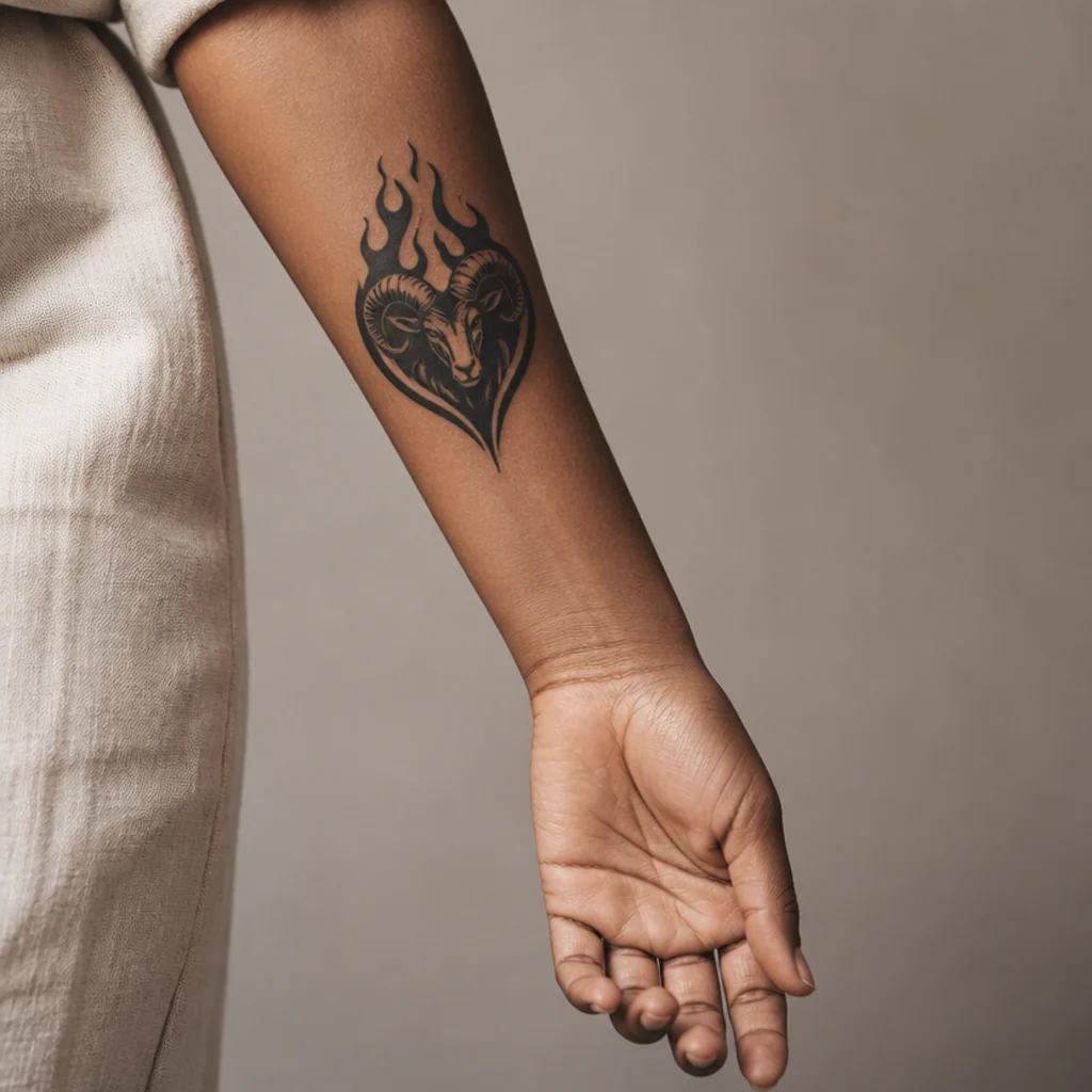 Matching bold blackwork ram-and-flame emblem designed as an aries tattoo for men on the forearm