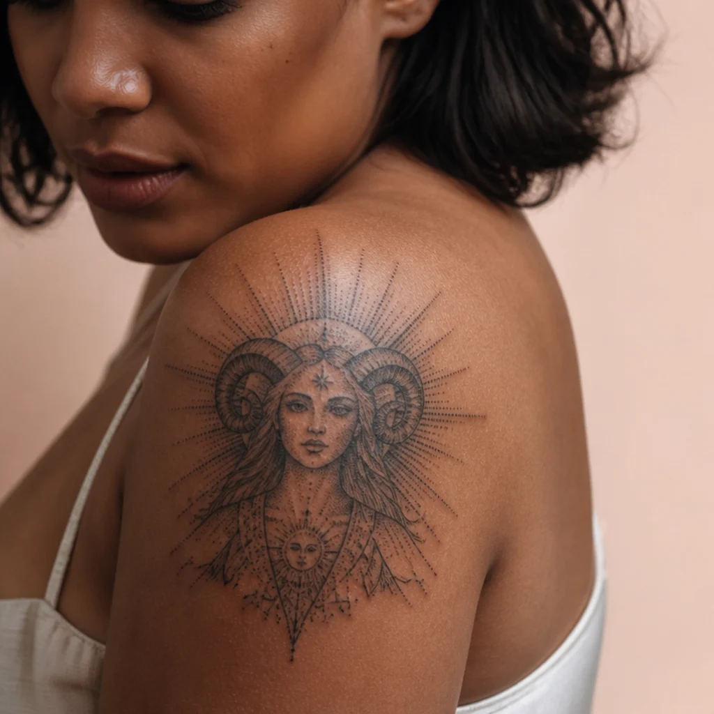Radiant dotwork sun goddess with ram horns and stippled rays on the shoulder in black ink