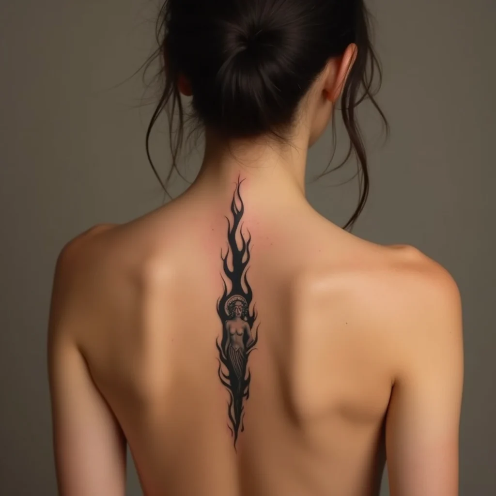 Vertical aries fire tattoo of rising flames with a small goddess figure emerging along the spine in black ink