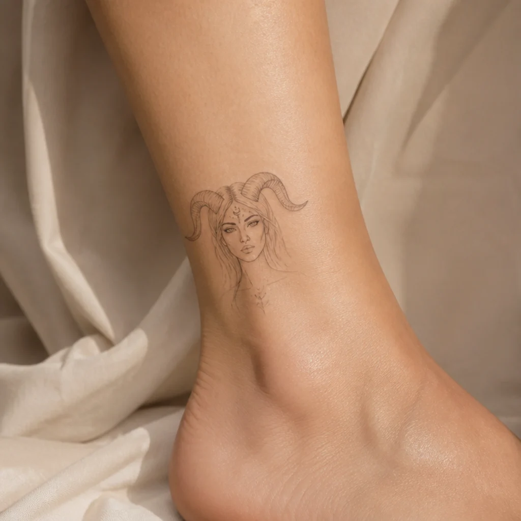 Small delicate goddess with tiny ram horns curving around the ankle in fine black linework