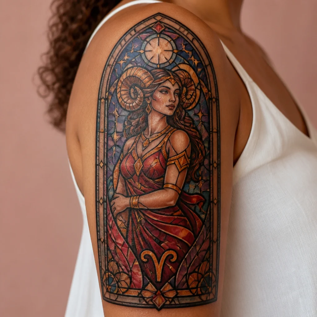 Stained-glass style Aries goddess panel with leaded black outlines and jewel-tone glass on the upper arm