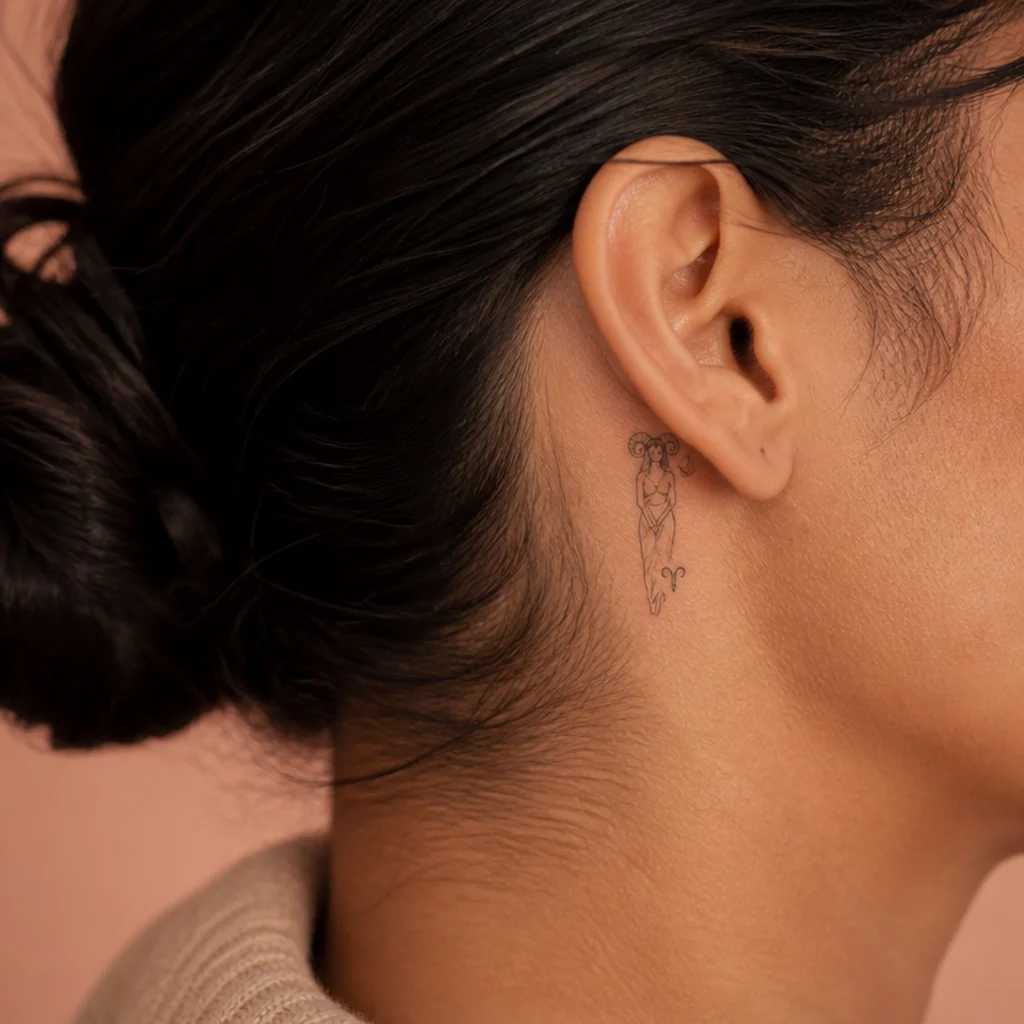 Micro goddess profile with a tiny ram glyph tucked behind the ear in single-needle black ink
