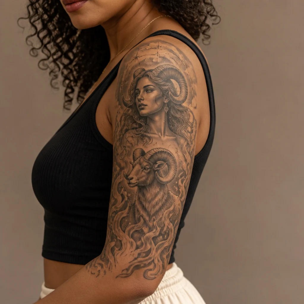 Full half-sleeve weaving an Aries goddess, ram, rising flames, and constellation together in black and gray from shoulder to elbow