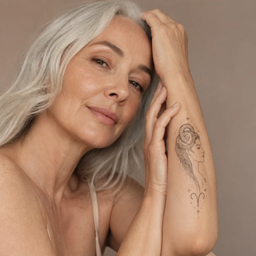 Editorial portrait of a woman with a fine-line Aries goddess tattoo along her forearm, warm ivory backdrop