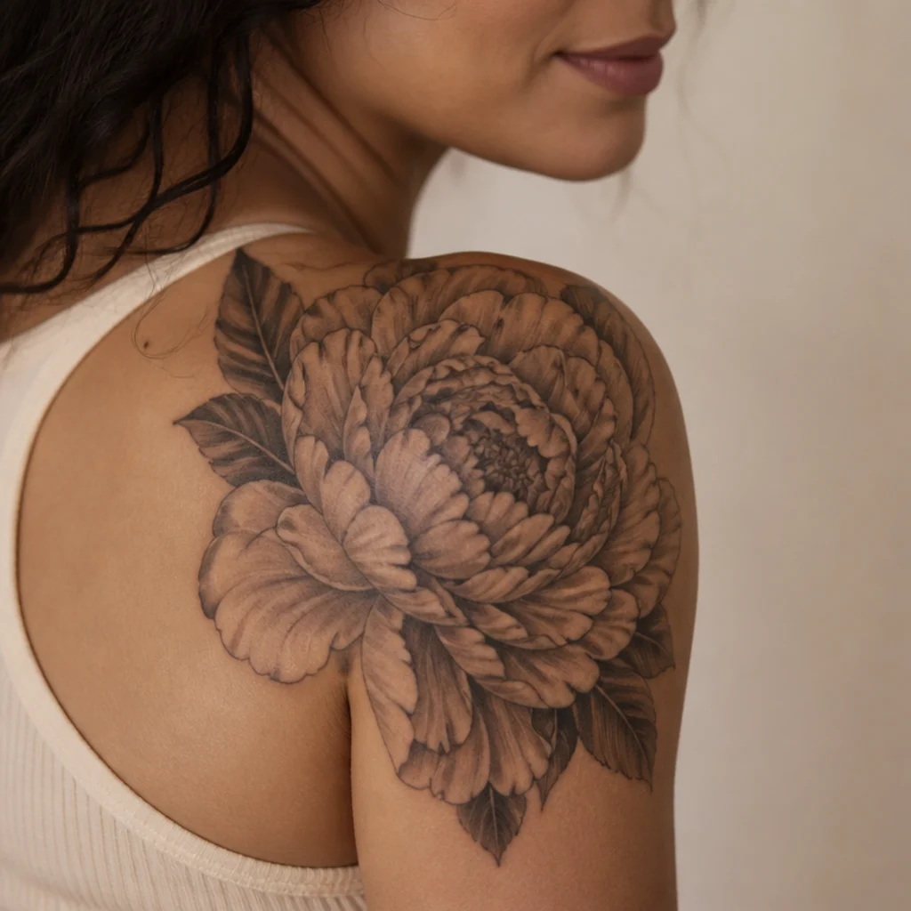 Full-bloom peony cover up tattoo in soft black shading, its overlapping petals layered over an old design on a woman's shoulder