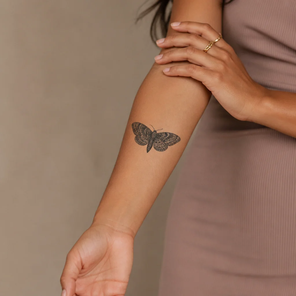 Small blackwork moth cover up tattoo with detailed symmetrical wings and dense fill on a woman's inner forearm